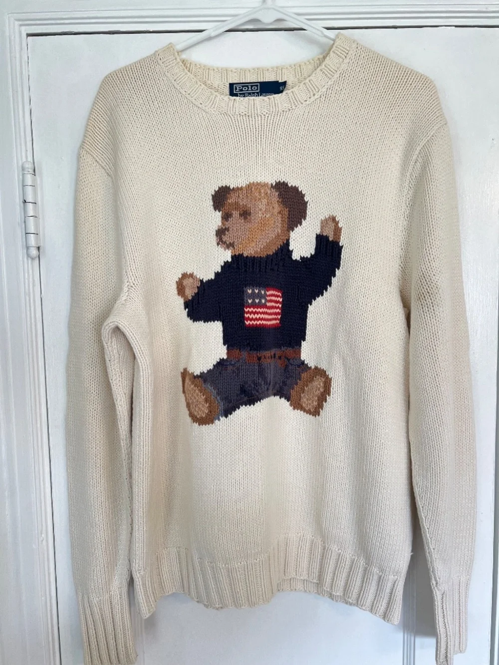 Vintage 90s Polo Ralph Lauren Hand Knit Sit Down Polo Bear USA Flag Sweater Rare